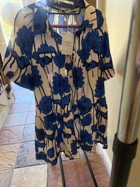 Women's Blue Floral Midi Dress with Button Front